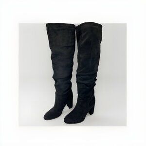 Simmi Sylvestor Black Faux Suede Block Heel Slouch Knee High Boots